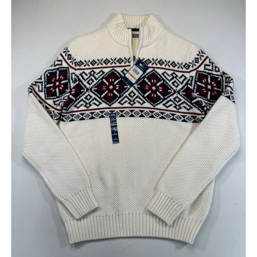 IZOD Fair Isle Quarter Zip Sweater Cream Nordic Knit NWT Men’s Small